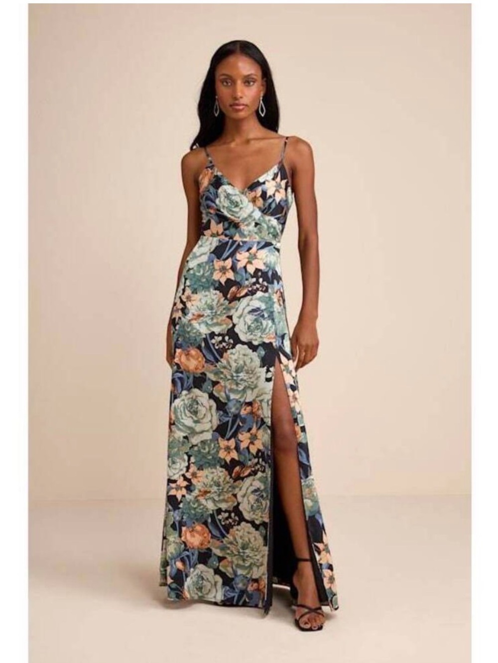 NWOT Lulu's Navy Floral Maxi Dress with Green & Peach Blooms